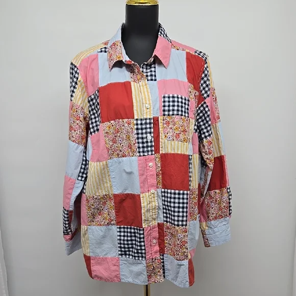 Lands' End Womens Poplin Boyfriend Button Front Patchwork Plus Size Curvy 1X - Picture 3 of 13